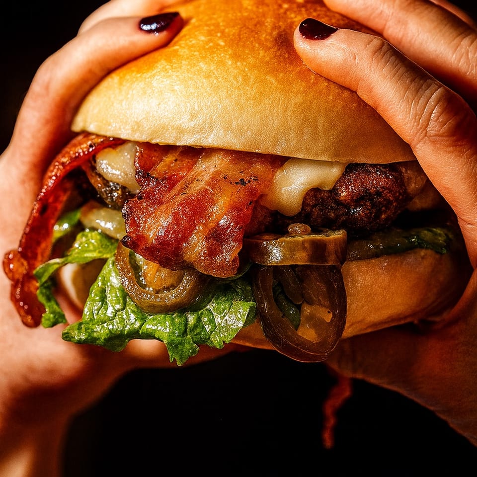 Bacon cheeseburger with lettuce and jalapeños.