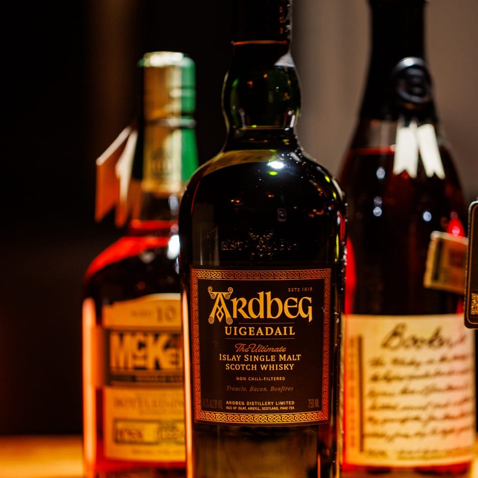 Whisky selection featuring Ardbeg.